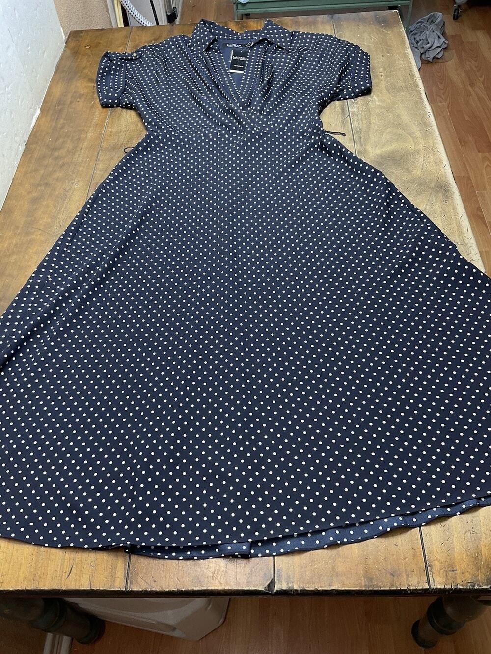 Lauren Ralph Lauren Polka Dot Dress Womens 6 Blue Classic Preppy Midi $195 NWT